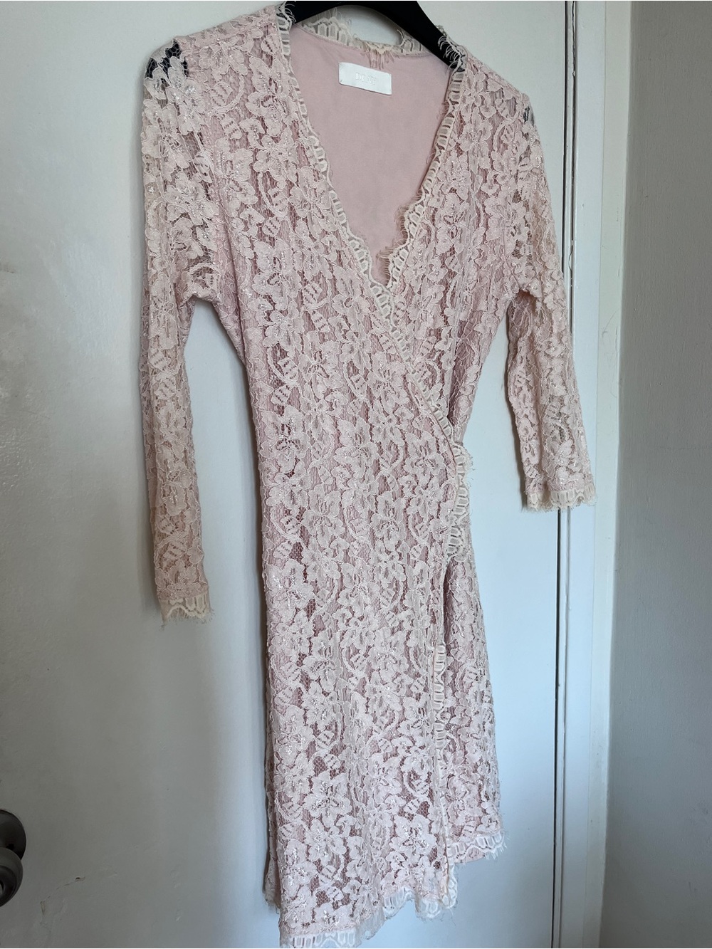 Women's Long Sleeve Lace Wrap Dress in Light Blush Pink